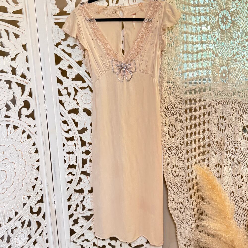 Free People Blush Pink Satin Tied With Joy Midi Dress XS